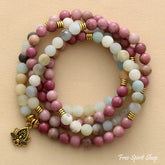 108 Natural Amazonite & Rhodonite Mala With Lotus Flower Charm