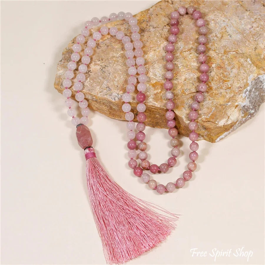 108 Natural Rhodonite & Rose Quartz Mala Bead Necklace