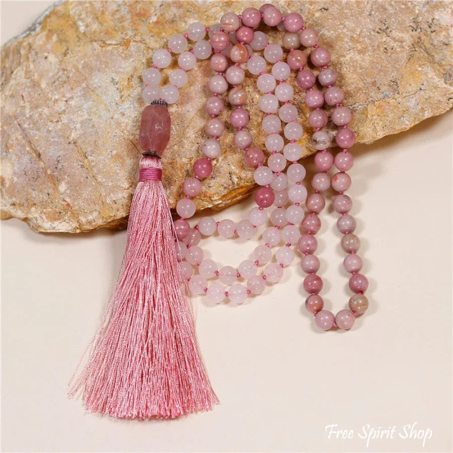 108 Natural Rhodonite & Rose Quartz Mala Bead Necklace