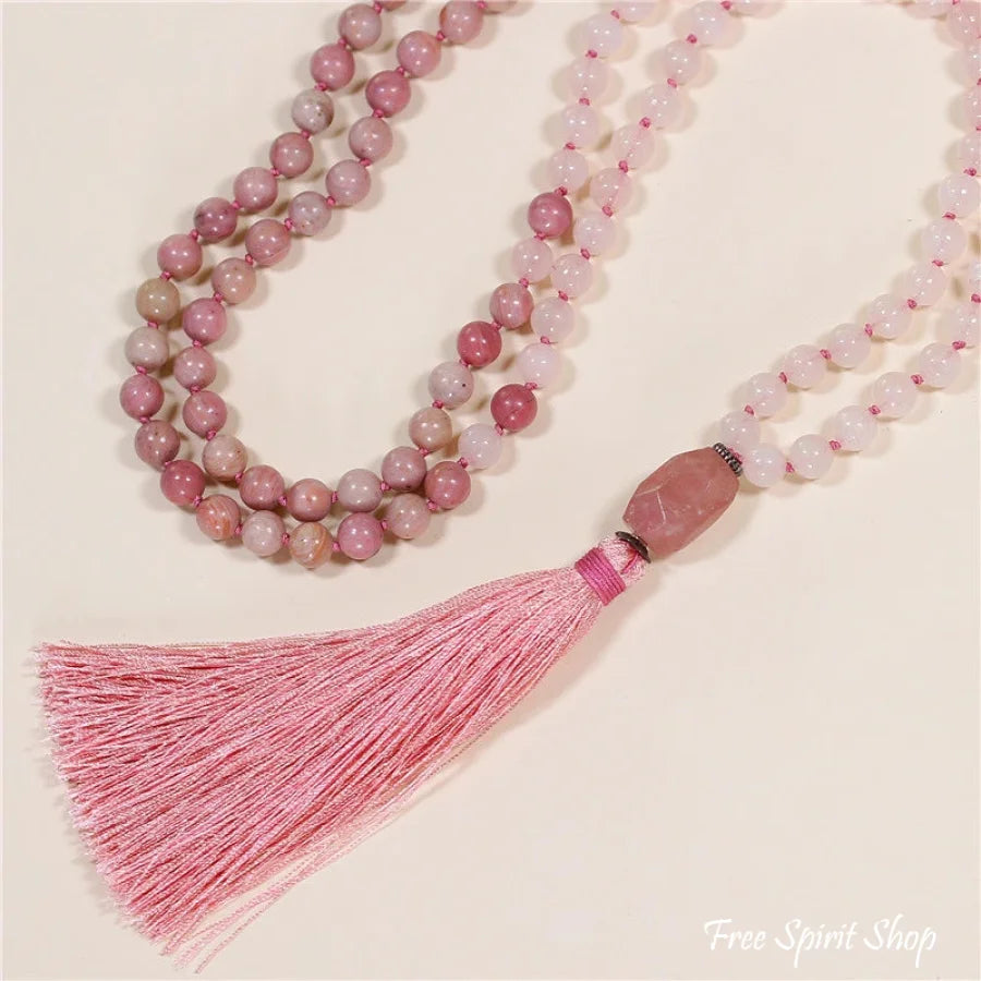 108 Natural Rhodonite & Rose Quartz Mala Bead Necklace