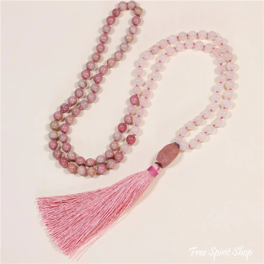 108 Natural Rhodonite & Rose Quartz Mala Bead Necklace