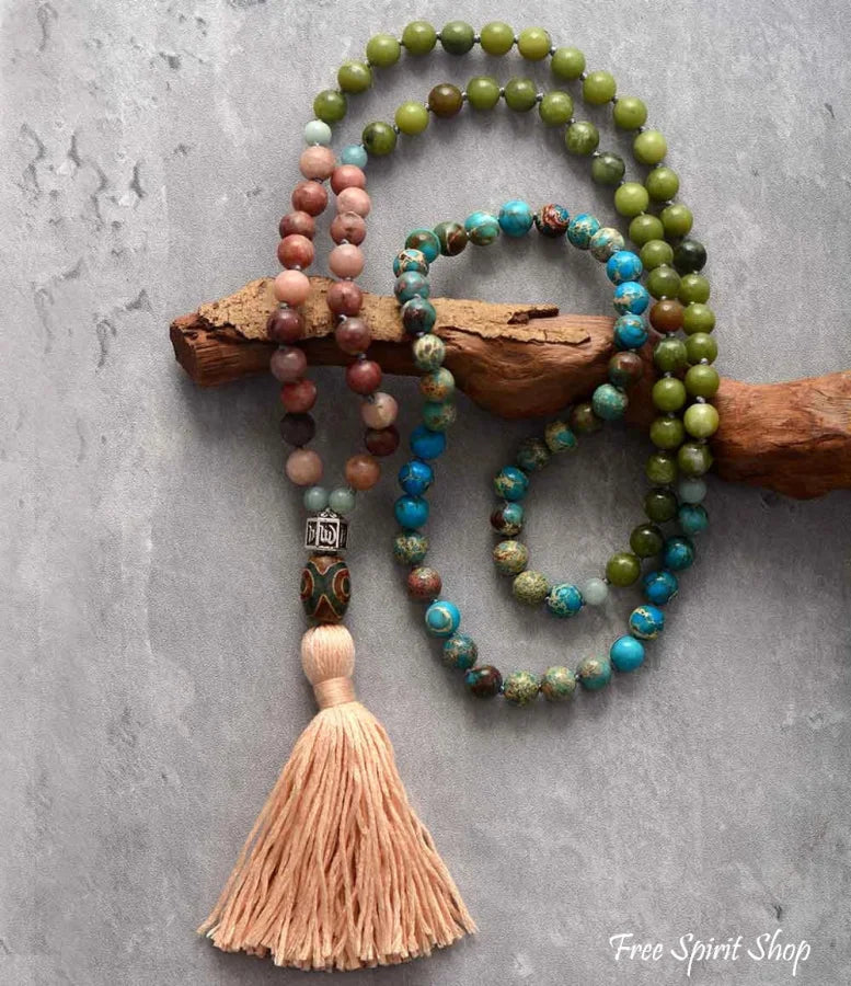 108 Natural Pink Aventurine Blue Jasper & Green Opal Mala Bead Necklace