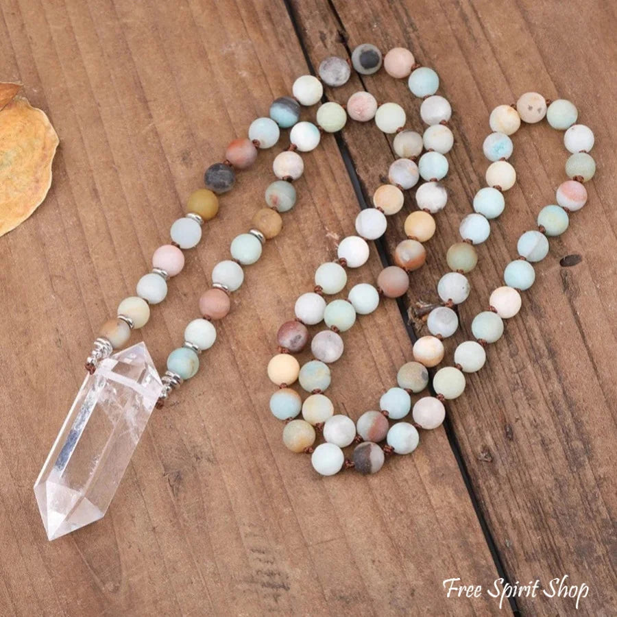 Natural Amazonite & Clear Quartz Crystal Necklace Jewelry > Gemstone Bead