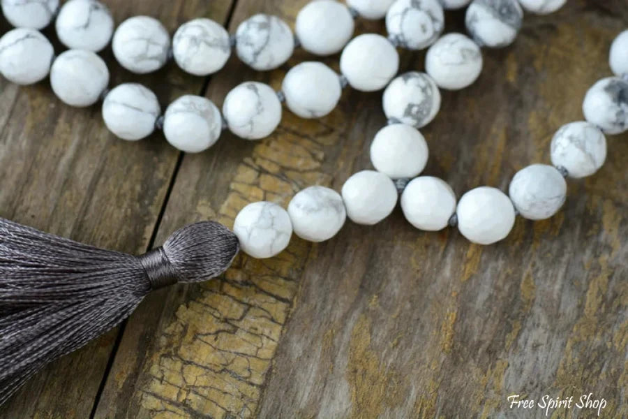 108 Natural Howlite Mala Bead Prayer Necklace With Tassel