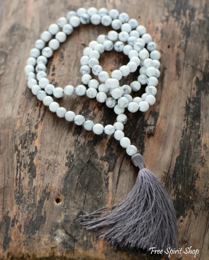 108 Natural Howlite Mala Bead Prayer Necklace With Tassel