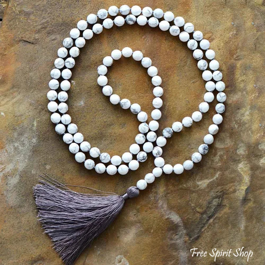 108 Natural Howlite Mala Bead Prayer Necklace With Tassel