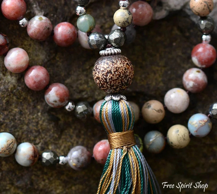 Natural Handmade Jasper Agate & Pyrite Bead Necklace With Tassel