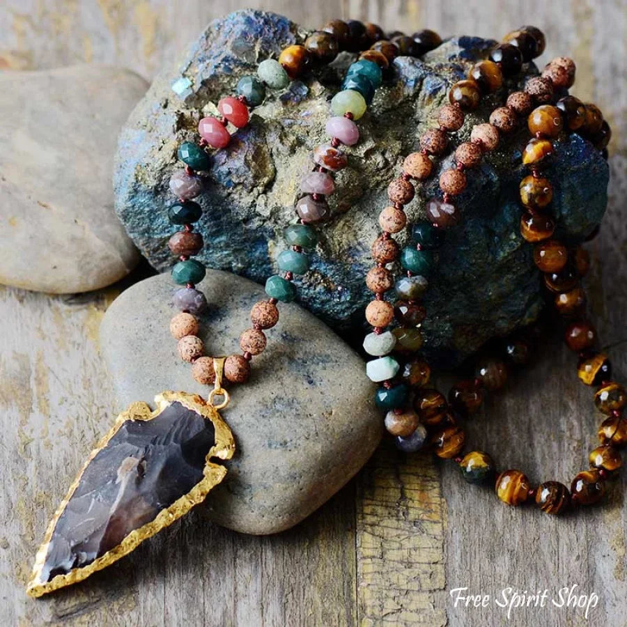 Handmade Natural Tiger Eye & Onyx Stone Necklace With Arrowhead Pendant