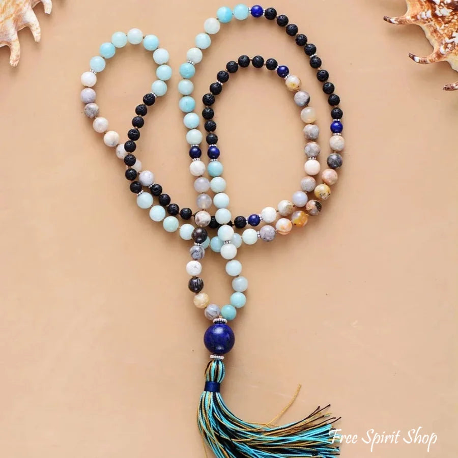 108 Natural Amazonite Jasper Lapis Lazuli Lava Stone Mala Bead Prayer