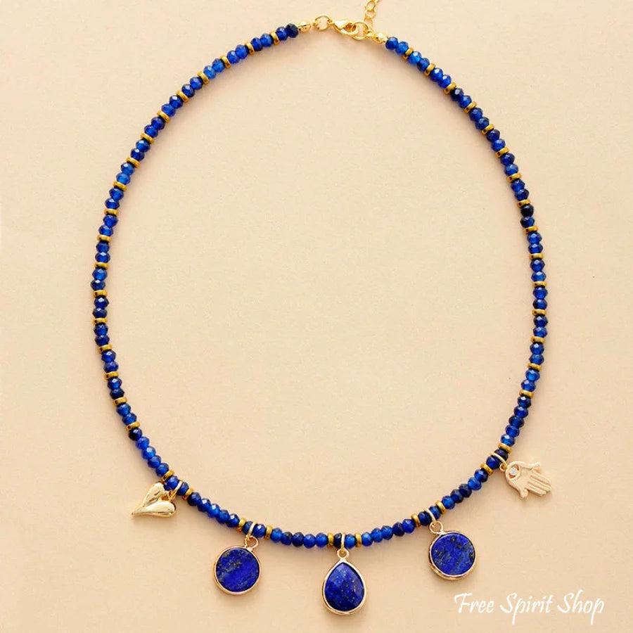 Handmade Blue Lapis Gold Bead Choker Necklace