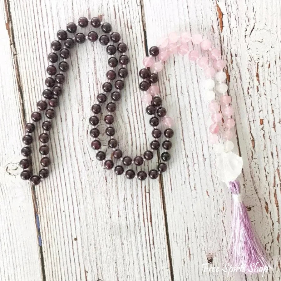 108 Natural Garnet & Rose Quartz Mala Beads Necklace