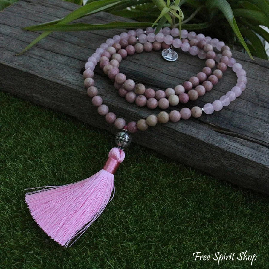 108 Rhodonite & Rose Quartz Mala Beads Necklace