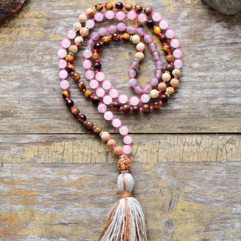 108 Natural Rose Quartz Tiger Eye Jasper Gemstone Mala Bead Necklace