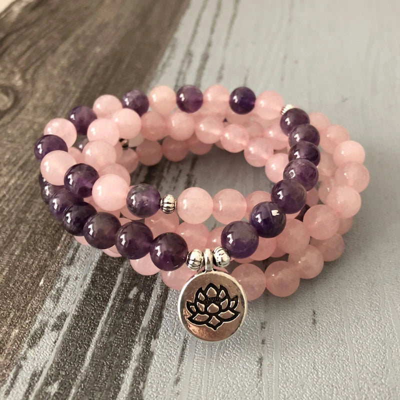 Natural Rose Quartz & Amethyst Stone Beads 108 Mala Prayer