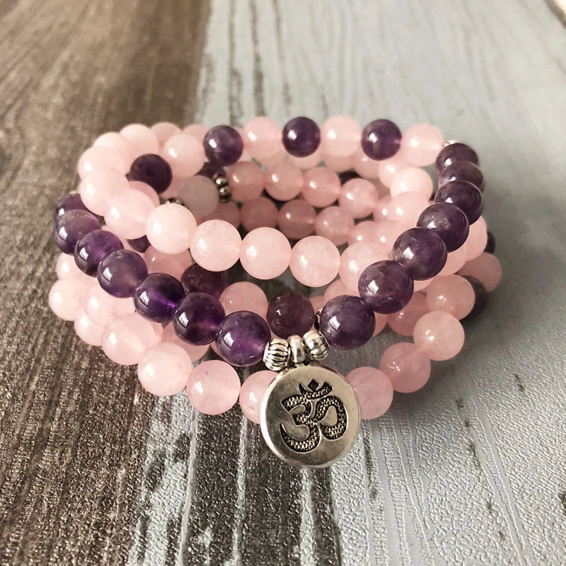 Natural Rose Quartz & Amethyst Stone Beads 108 Mala Prayer