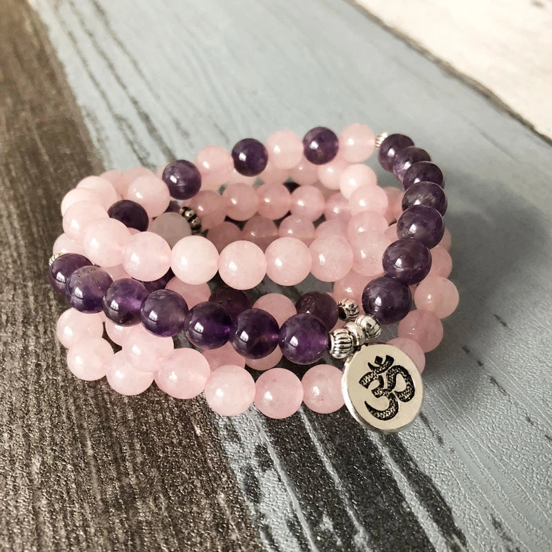 Natural Rose Quartz & Amethyst Stone Beads 108 Mala Prayer