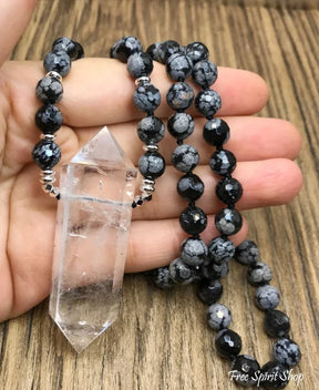 Natural Snowflake Obsidian & Clear Quartz Pendant Necklace