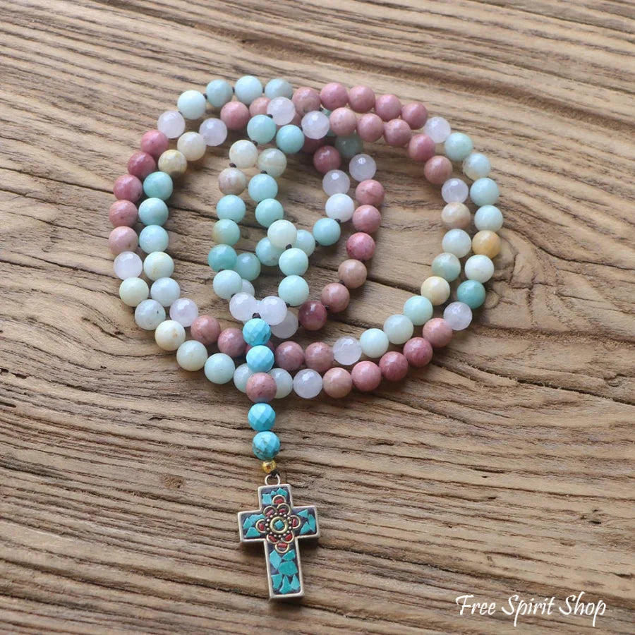 Natural Amazonite Rose Quartz & Rhodonite Necklace With Cross Pendant