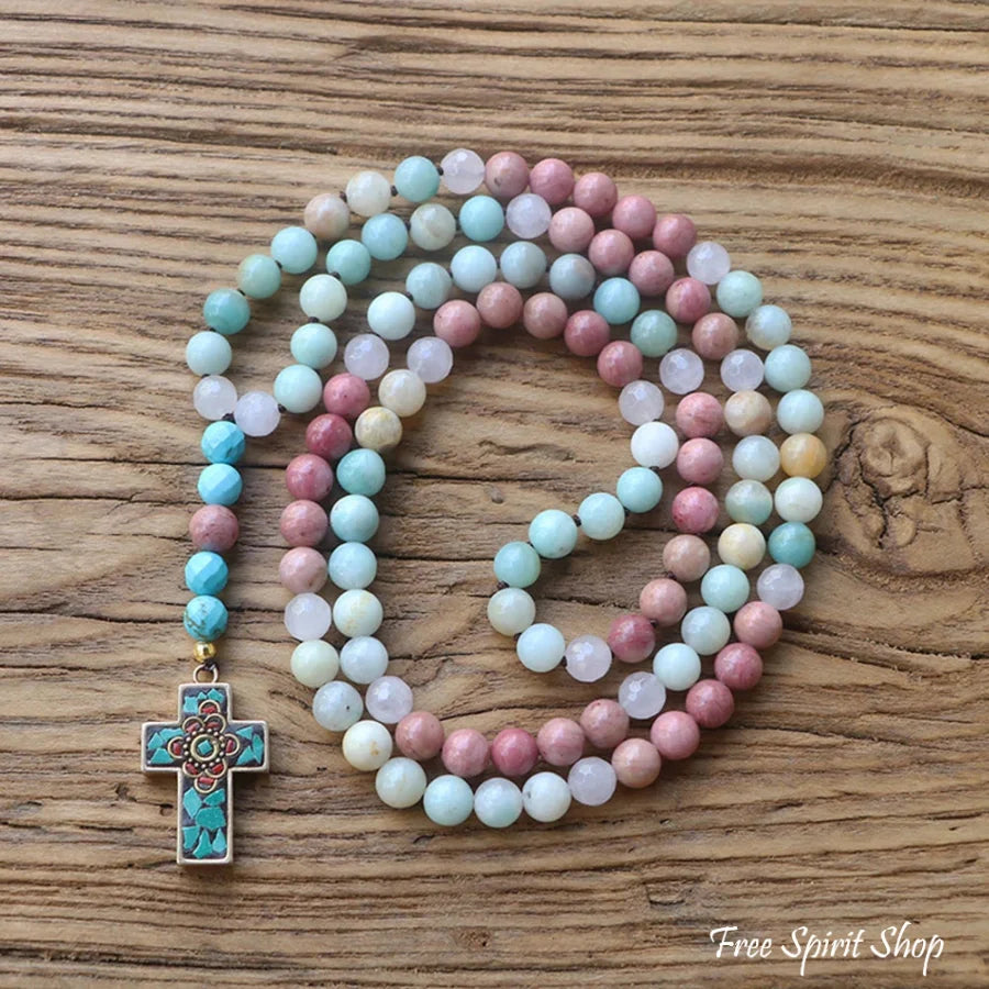 Natural Amazonite Rose Quartz & Rhodonite Necklace With Cross Pendant