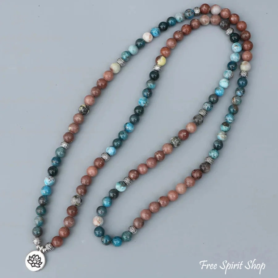 108 Natural Aqua Apatite & Red Stone Mala Bracelet