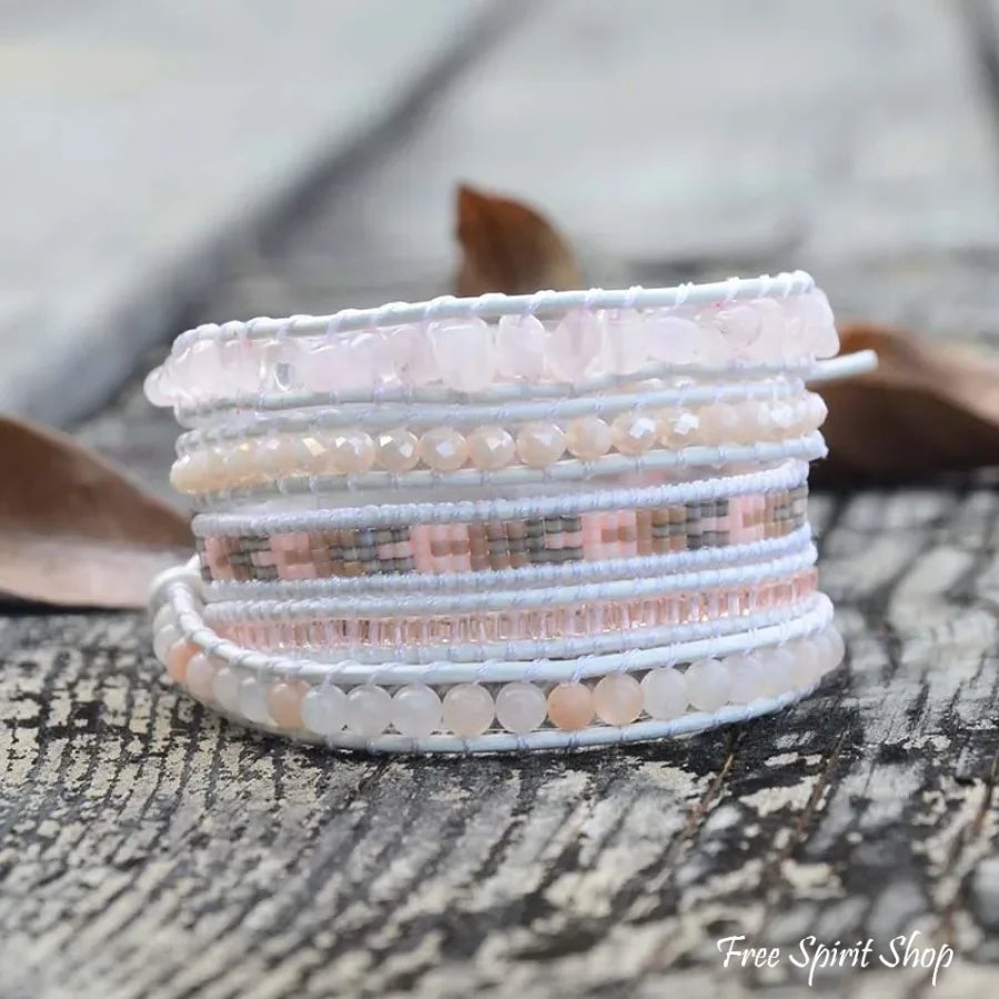 Natural Rose Quartz & Aventurine White Wrap Bracelet Jewelry > Gemstone Bead