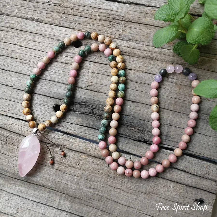 108 Natural Rhodonite African Turquoise & Rose Quartz Mala Bead Necklace Jewelry > Gemstone