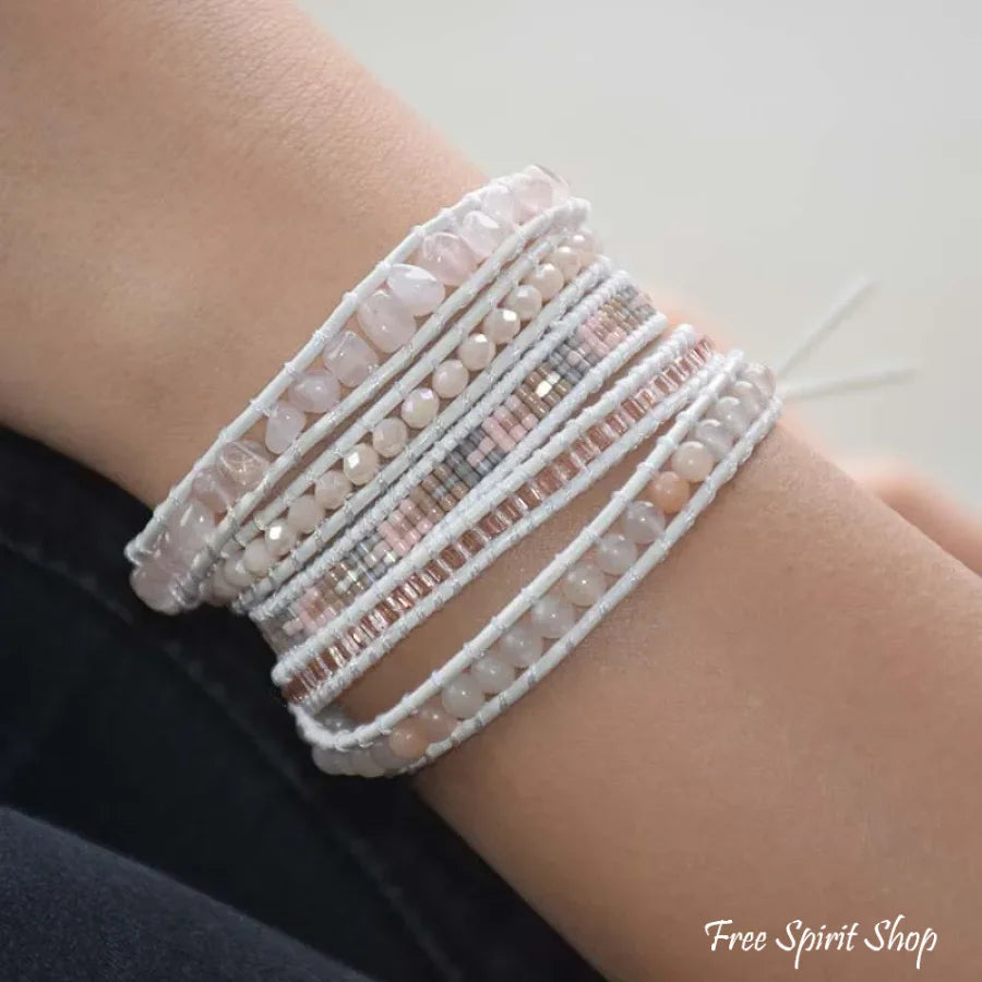 Natural Rose Quartz & Aventurine White Wrap Bracelet Jewelry > Gemstone Bead