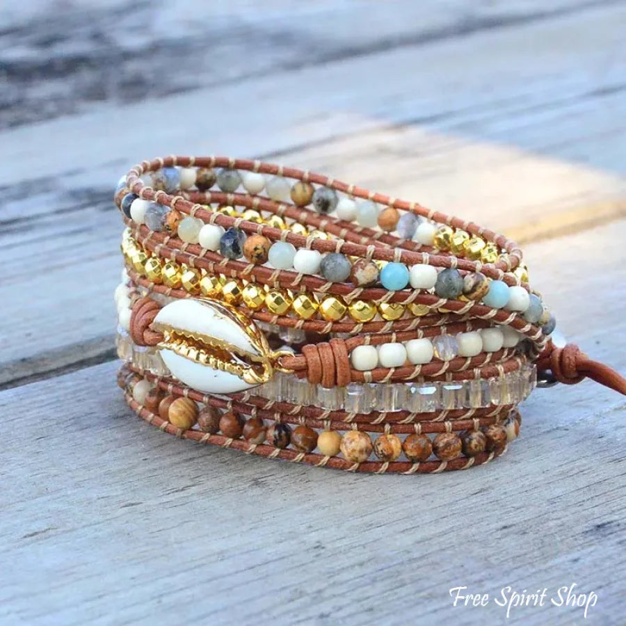 Natural Picture Jasper & Seashell Bead Wrap Bracelet Jewelry > Gemstone