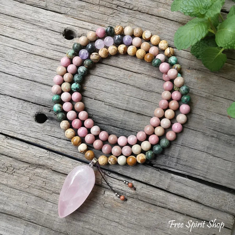 108 Natural Rhodonite African Turquoise & Rose Quartz Mala Bead Necklace Jewelry > Gemstone