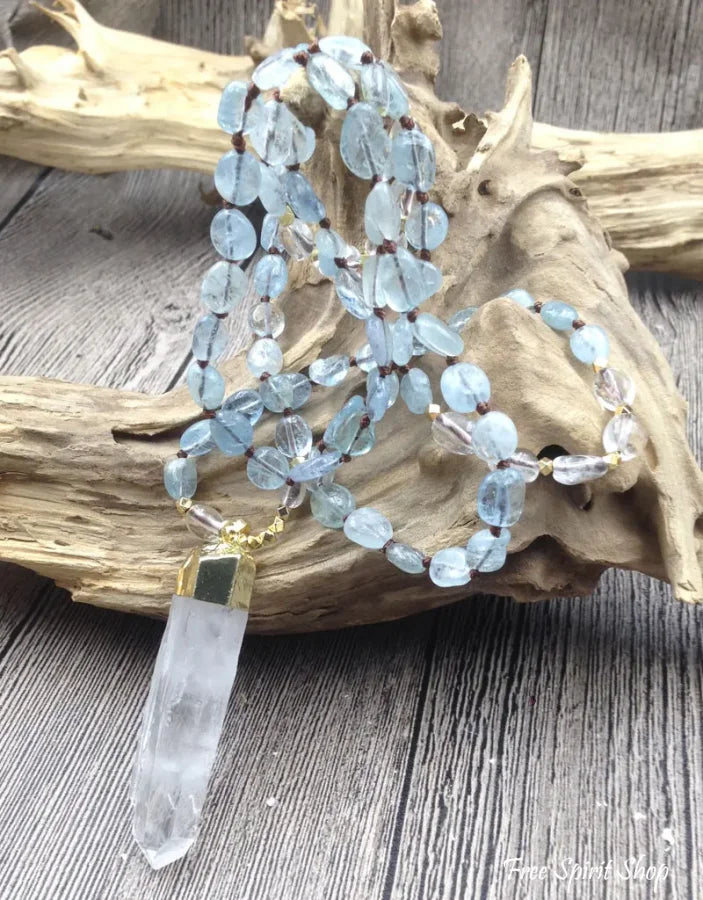 Natural Aquamarine & Clear Quartz Gemstone Necklace Jewelry > Bead