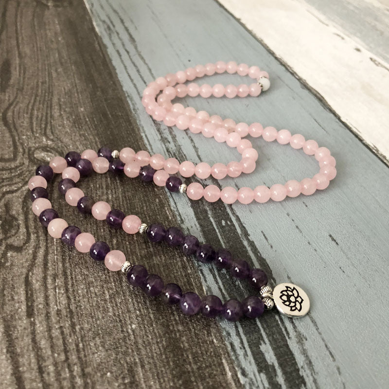 Natural Rose Quartz & Amethyst Stone Beads 108 Mala Prayer