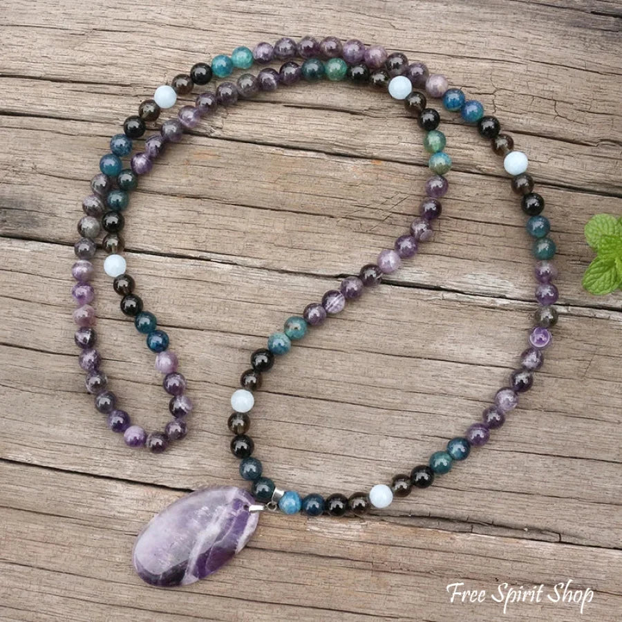 108 Amethyst, Apatite, Black Onyx, Aquamarine, & Smokey Quartz Mala Bead Necklace