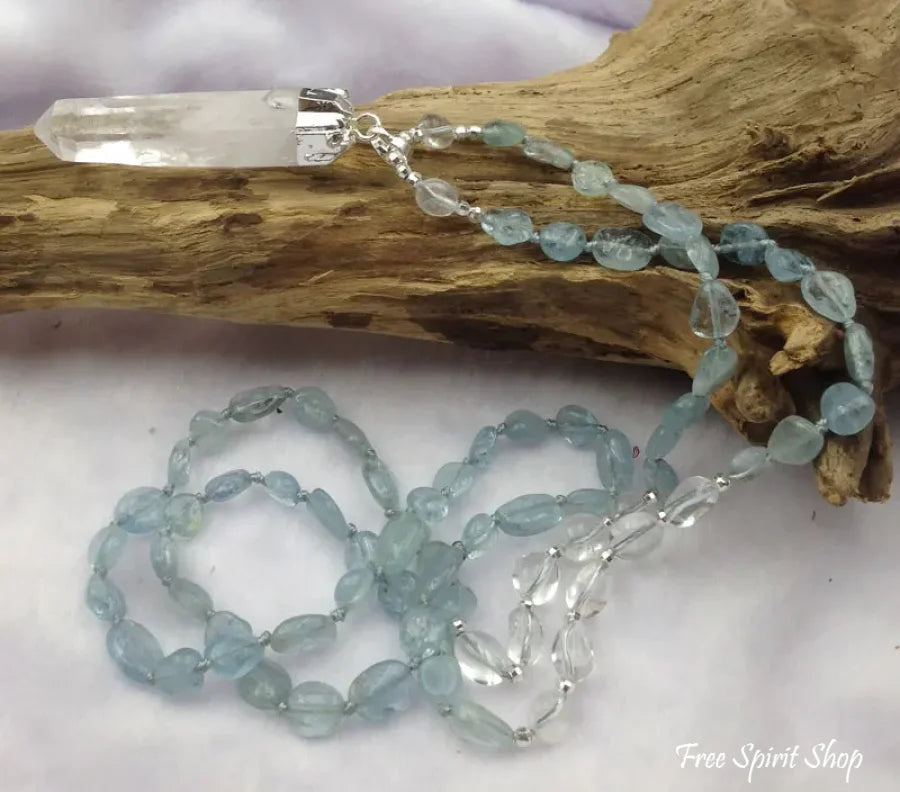 Natural Aquamarine & Clear Quartz Gemstone Necklace Jewelry > Bead