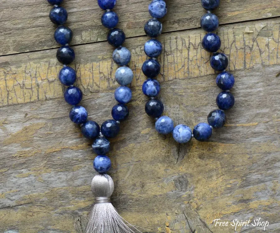 Natural Blue Sodalite & Gray Tassel Mala Bead Necklace