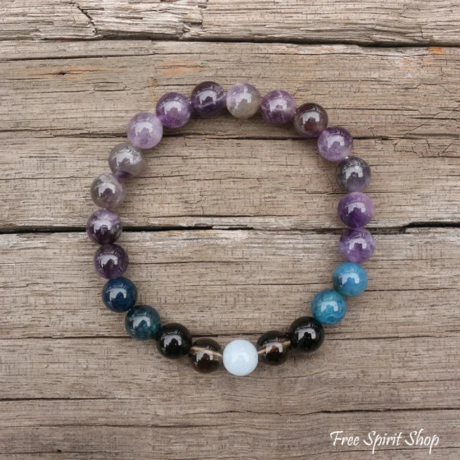 108 Amethyst, Apatite, Black Onyx, Aquamarine, & Smokey Quartz Mala Bead Necklace