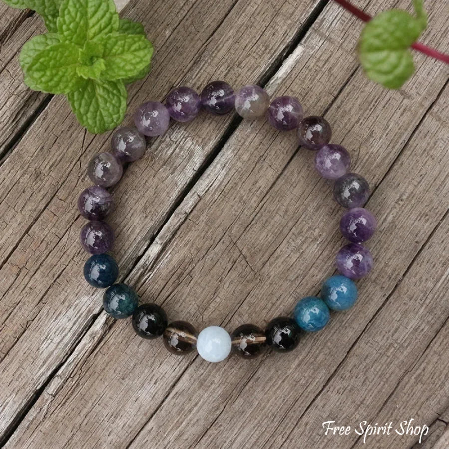 108 Amethyst, Apatite, Black Onyx, Aquamarine, & Smokey Quartz Mala Bead Necklace