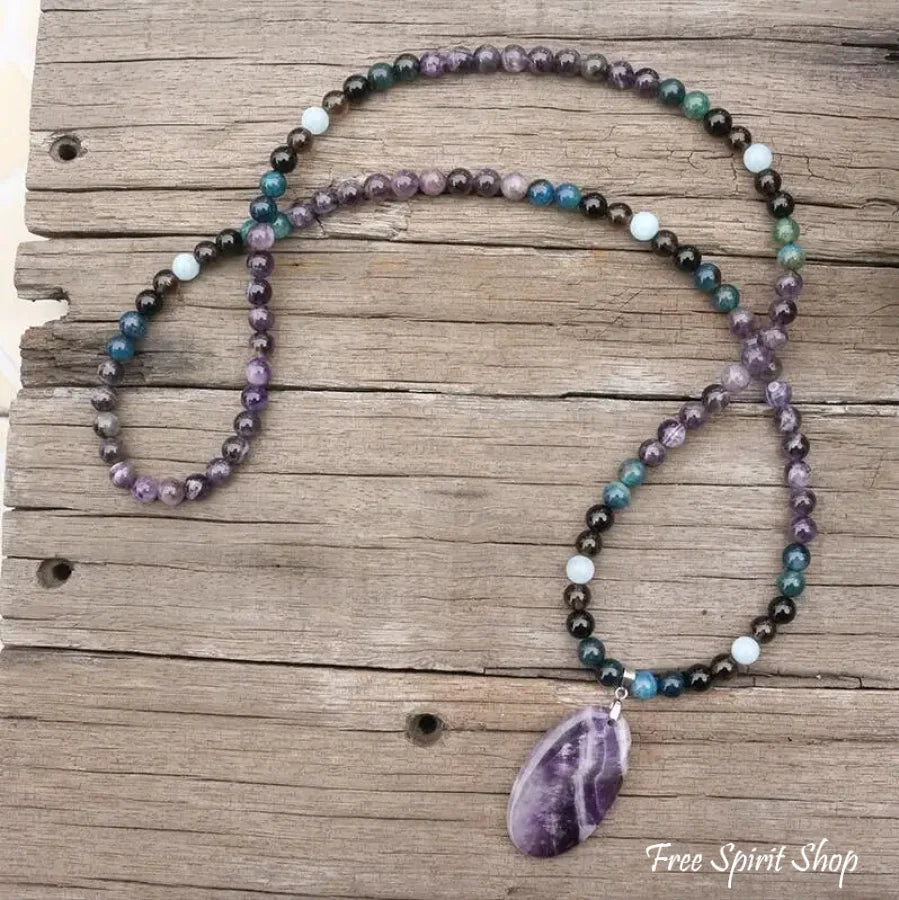 108 Amethyst, Apatite, Black Onyx, Aquamarine, & Smokey Quartz Mala Bead Necklace