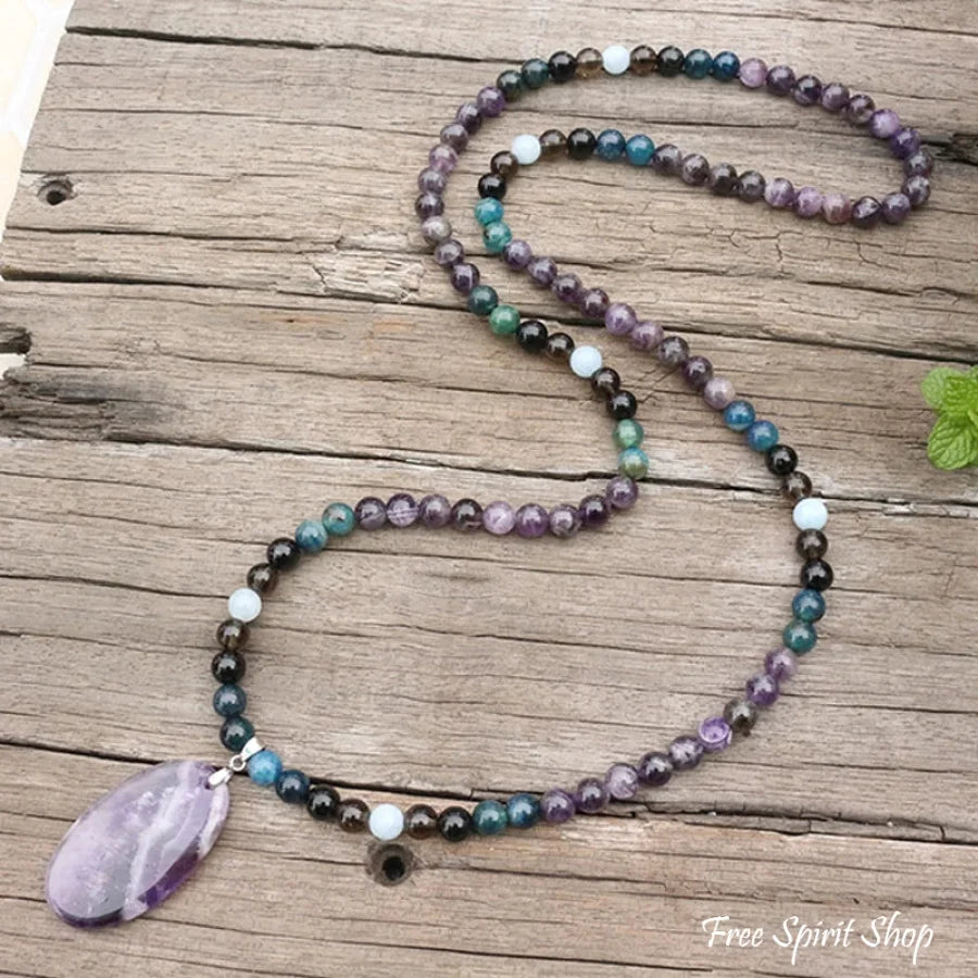 108 Amethyst, Apatite, Black Onyx, Aquamarine, & Smokey Quartz Mala Bead Necklace