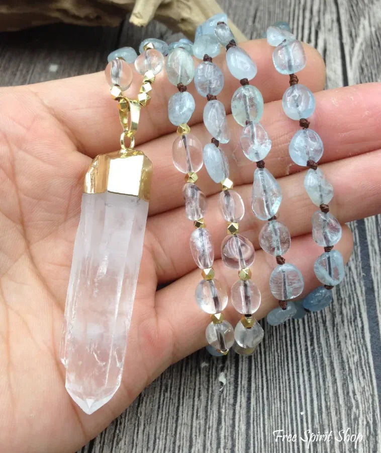 Natural Aquamarine & Clear Quartz Gemstone Necklace Jewelry > Bead