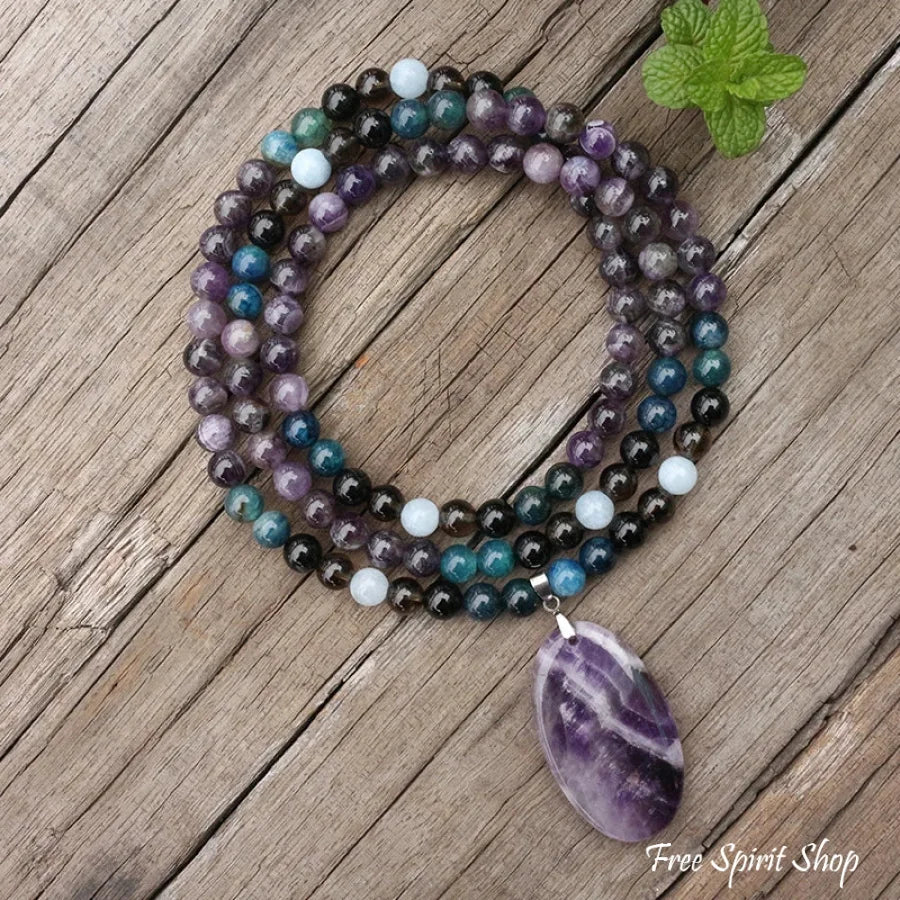 108 Amethyst, Apatite, Black Onyx, Aquamarine, & Smokey Quartz Mala Bead Necklace
