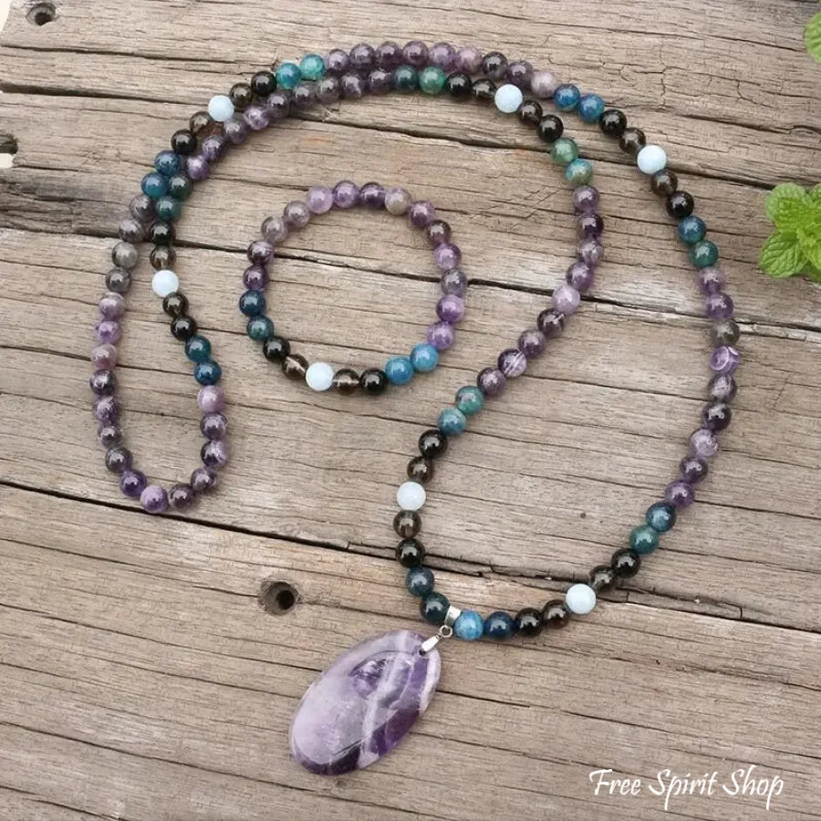 108 Amethyst, Apatite, Black Onyx, Aquamarine, & Smokey Quartz Mala Bead Necklace