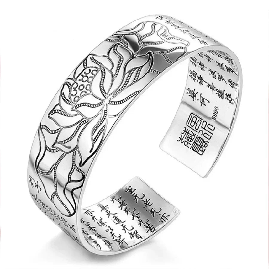 S990 Silver Buddhist Lotus & Heart Sutra Bangle Bracelet
