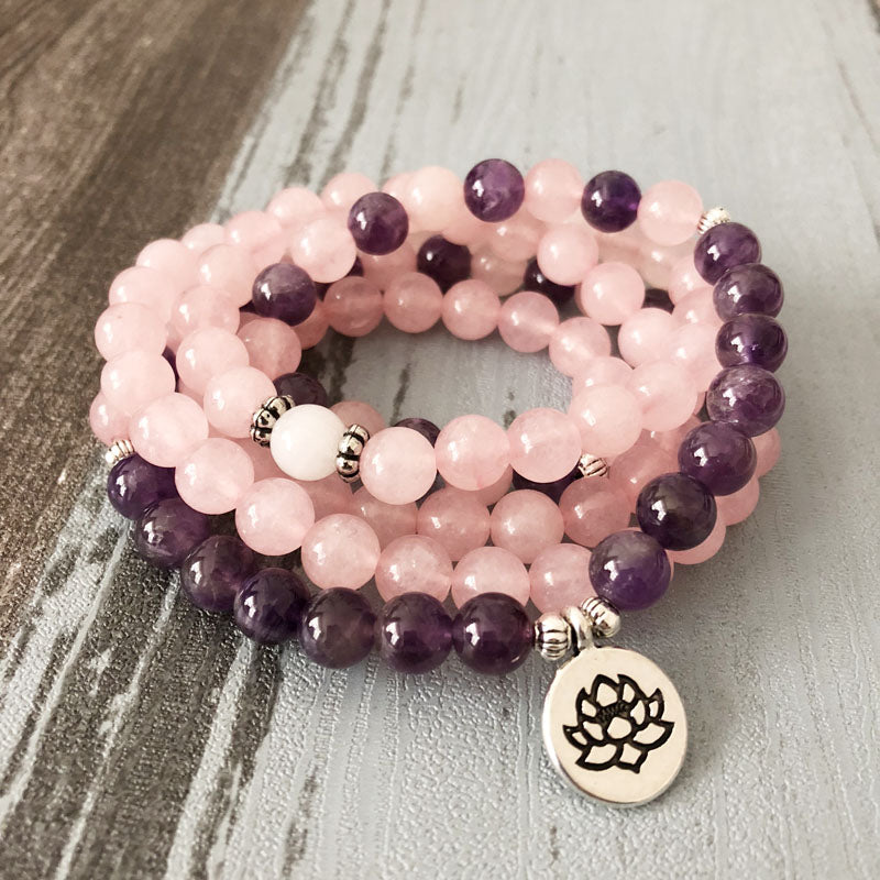 Natural Rose Quartz & Amethyst Stone Beads 108 Mala Prayer