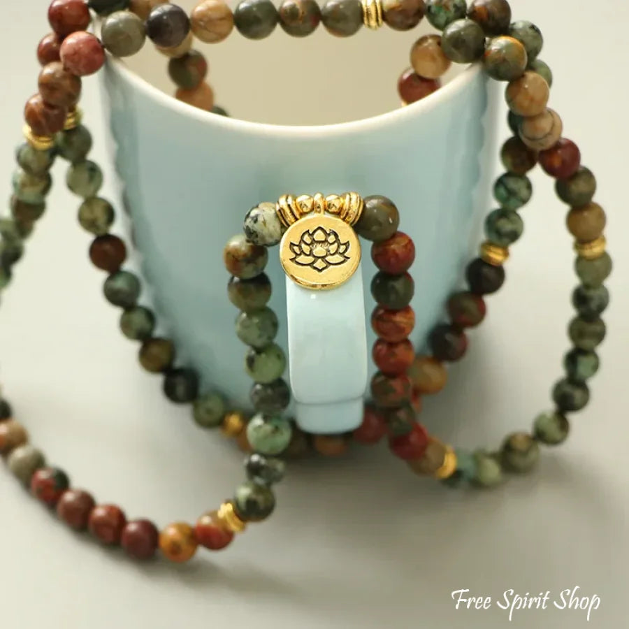 108 Natural Red Jasper & African Turquoise Mala Bracelet Jewelry > Gemstone Bead
