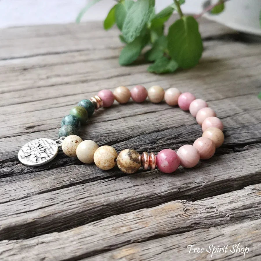 Natural Rhodonite African Turquoise & Rose Quartz Bead Bracelet