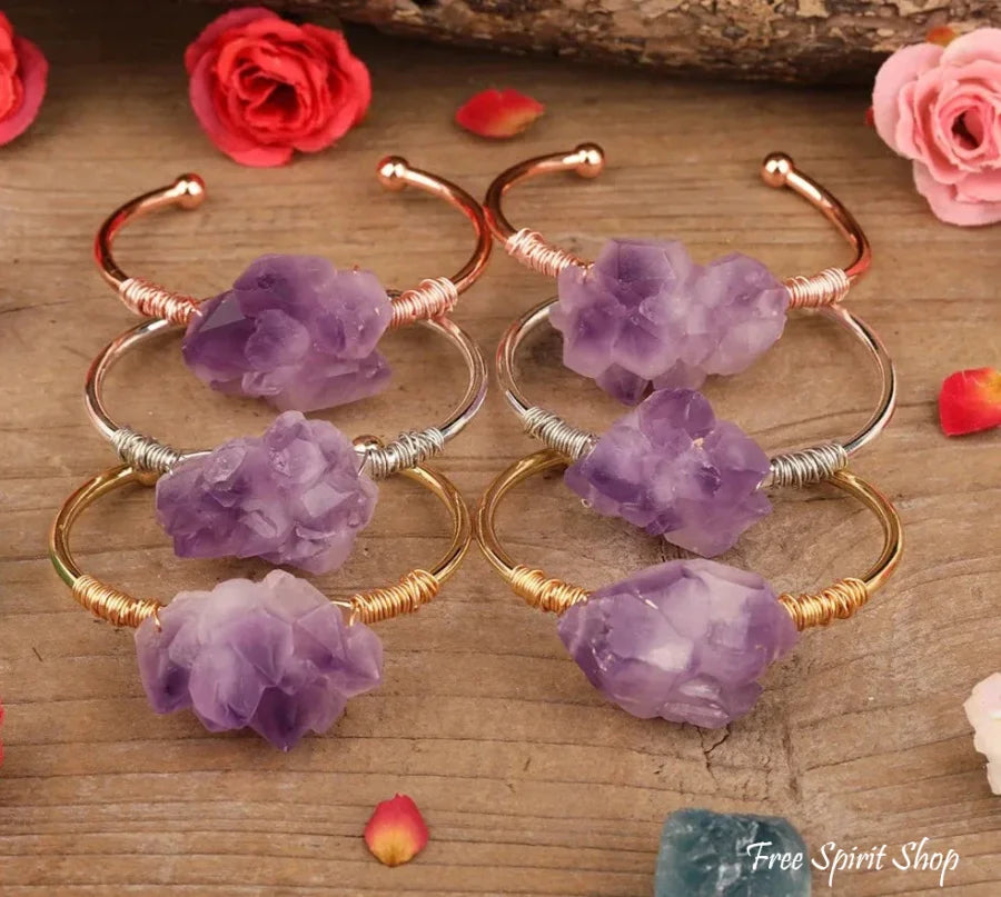 Natural Amethyst Flower Cuff Bracelet Jewelry >