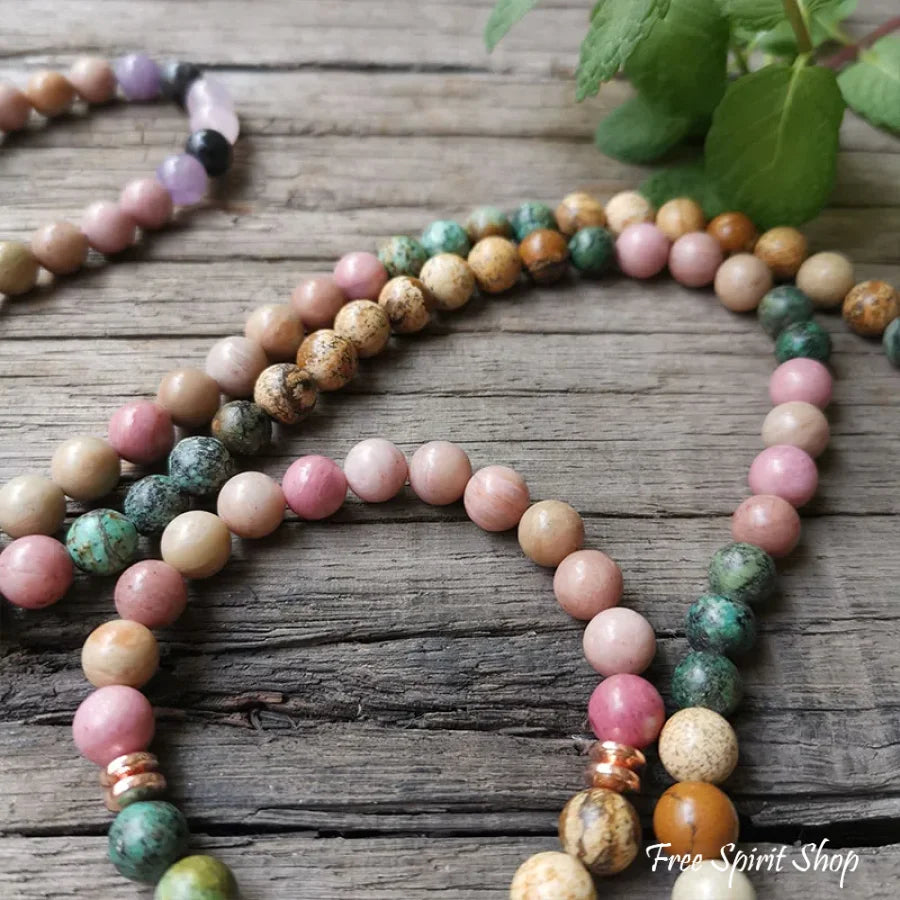 108 Natural Rhodonite African Turquoise & Rose Quartz Mala Bead Necklace Jewelry > Gemstone