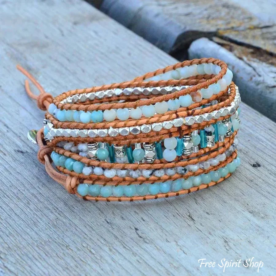 Natural Amazonite & Rutilated Quartz Wrap Bracelet Jewelry > Gemstone Bead