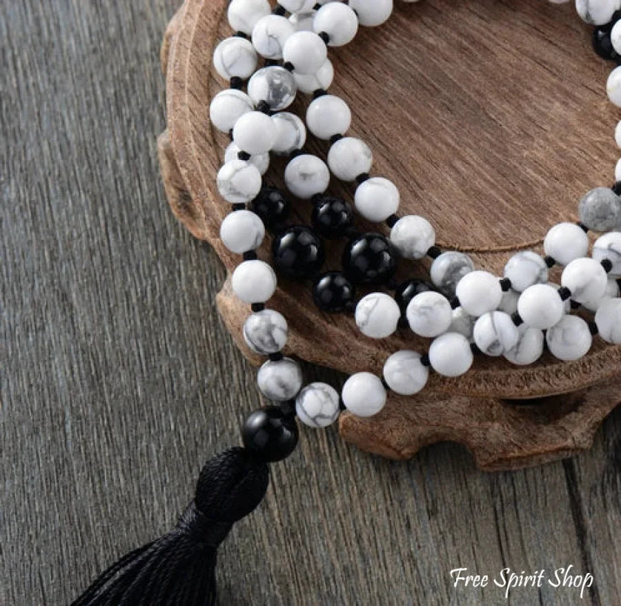 108 Natural Howlite & Black Onyx Mala Bead Necklace