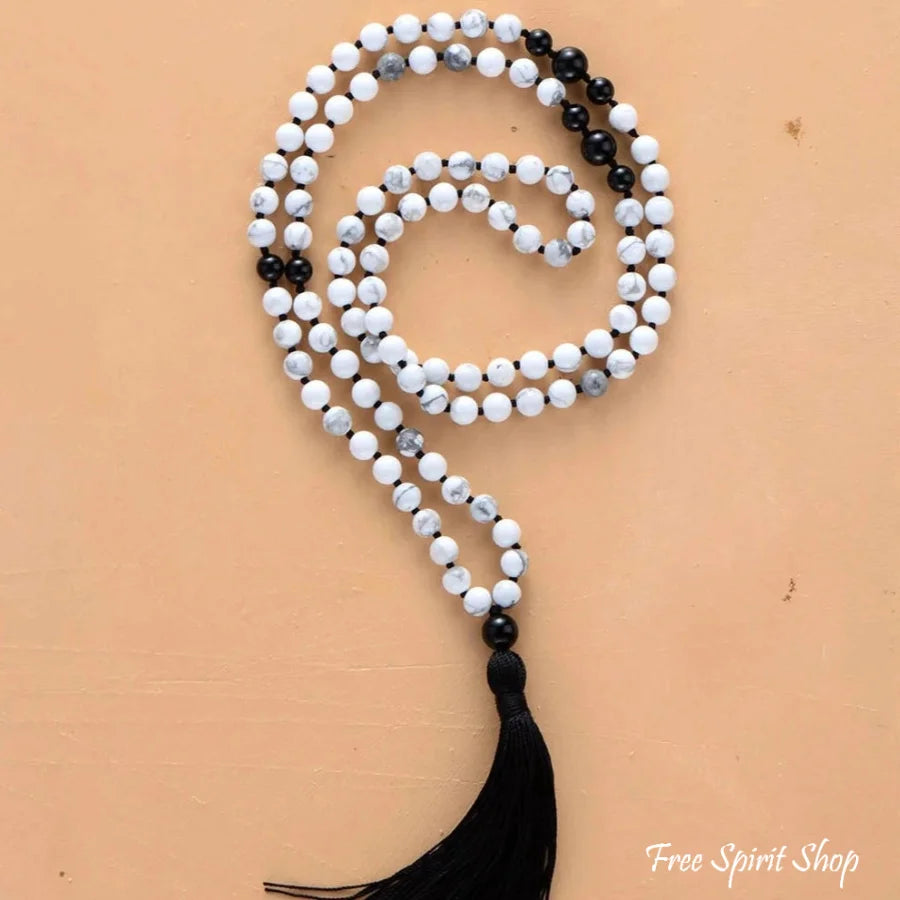 108 Natural Howlite & Black Onyx Mala Beads Prayer Necklace